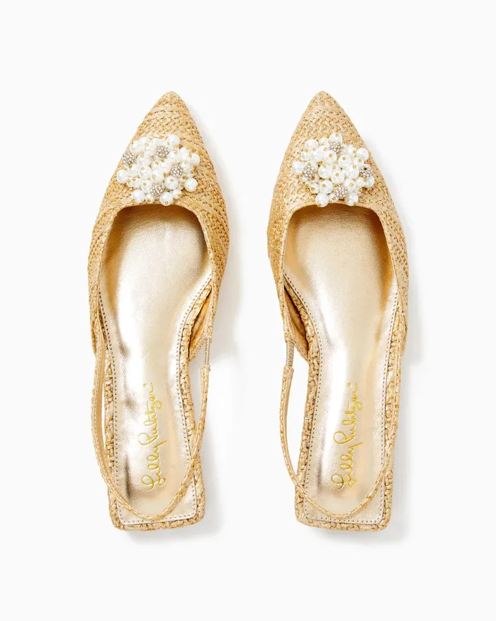 Lilly Pulitzer Brit Straw Slingback Shoe Gold Metallic Women Shoes