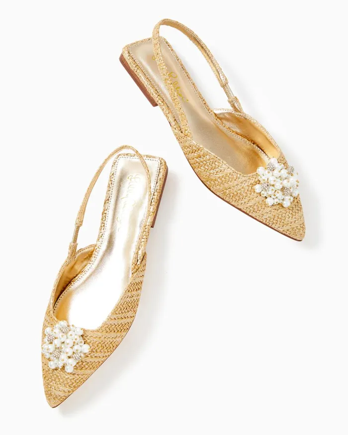Lilly Pulitzer Brit Straw Slingback Shoe Gold Metallic Women Shoes