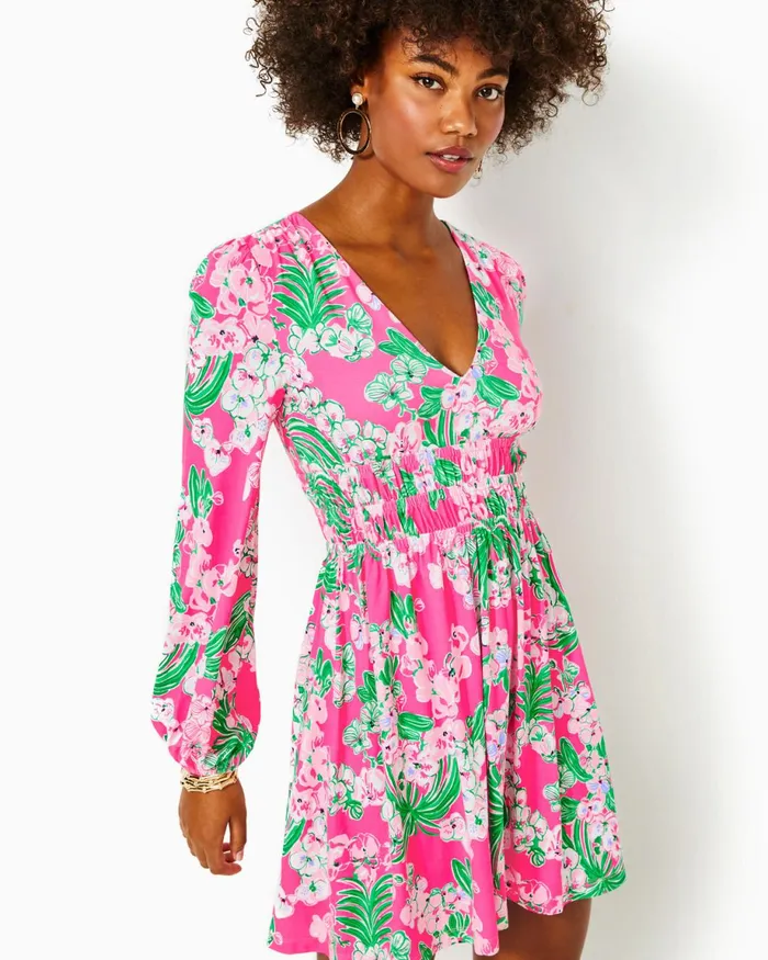 Lilly Pulitzer Calla Long Sleeve VNeck Dress Roxie Pink Worth A Look Women Fit and Flare Dresses