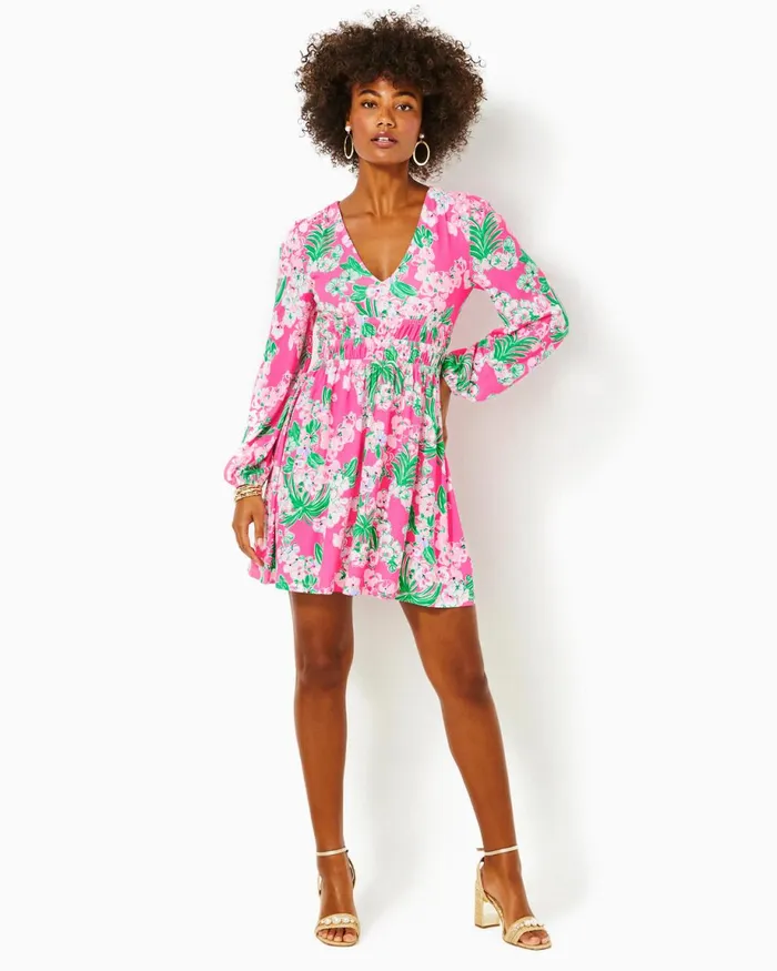 Lilly Pulitzer Calla Long Sleeve VNeck Dress Roxie Pink Worth A Look Women Fit and Flare Dresses