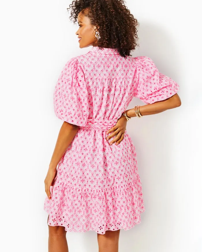 Lilly Pulitzer Cartley Elbow Sleeve Eyelet Shirtdress Resort White X Havana Pink Flutter Eyelet Women ALineEasy Dresses
