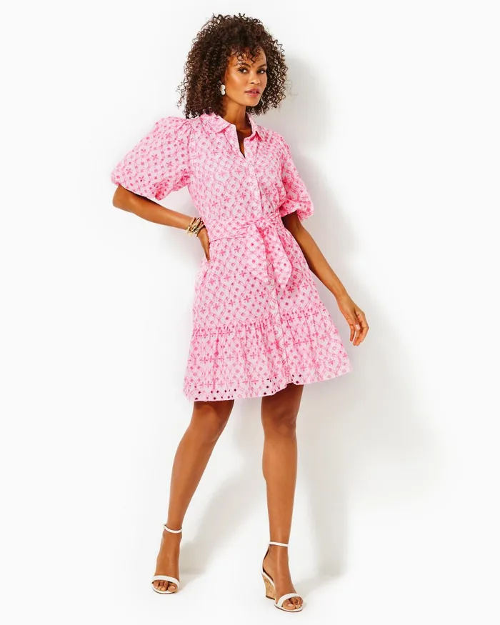 Lilly Pulitzer Cartley Elbow Sleeve Eyelet Shirtdress Resort White X Havana Pink Flutter Eyelet Women ALineEasy Dresses