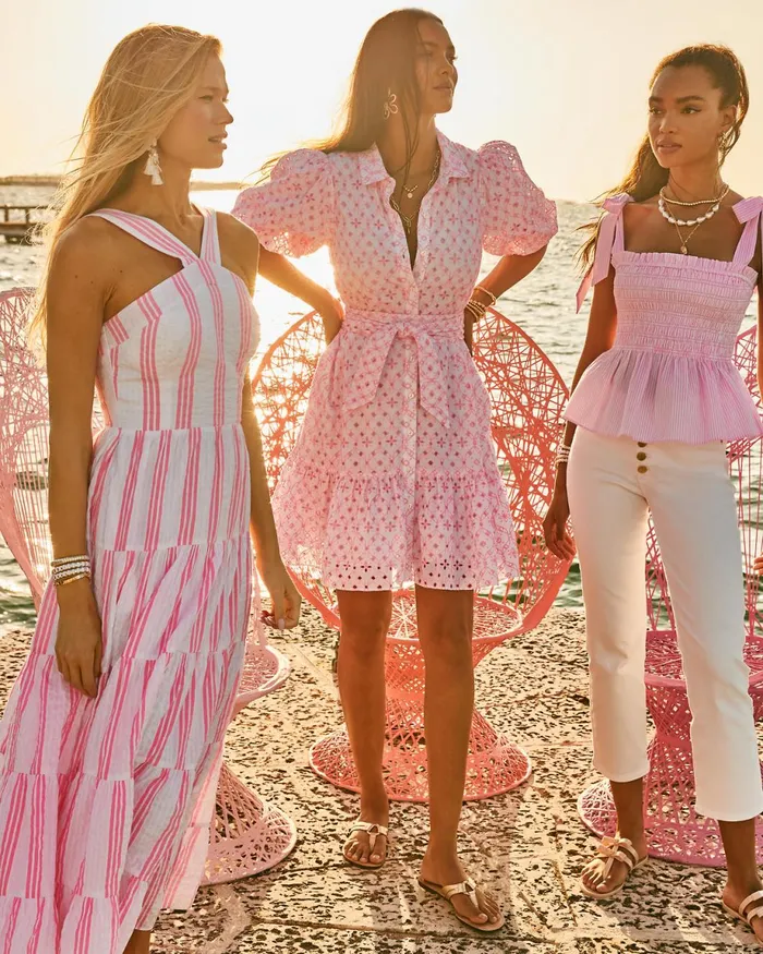 Lilly Pulitzer Cartley Elbow Sleeve Eyelet Shirtdress Resort White X Havana Pink Flutter Eyelet Women ALineEasy Dresses
