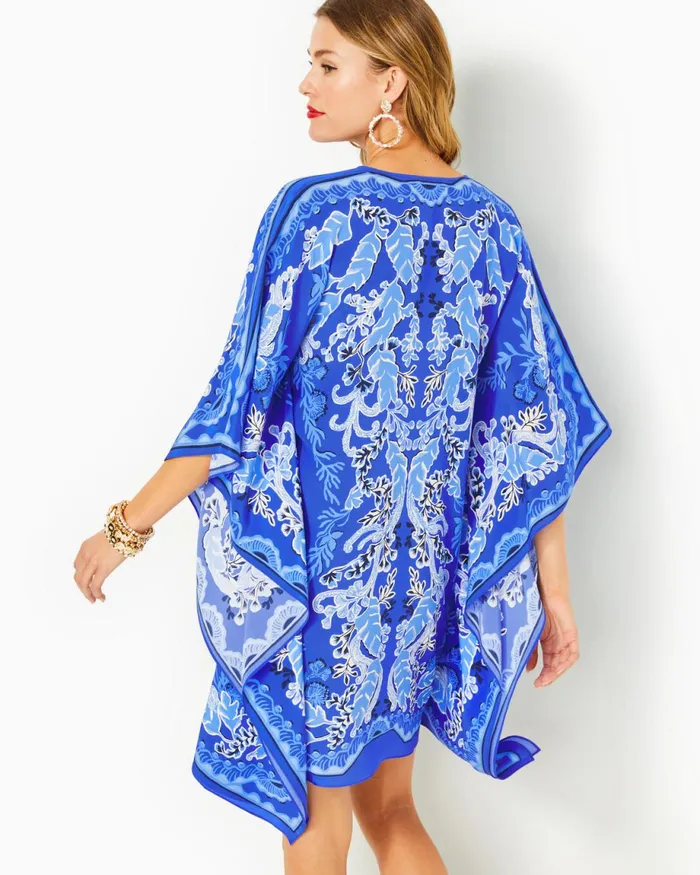 Lilly Pulitzer Cinzia Silk Caftan Alba Blue Baja Cove Engineered Woven Dress Women ALineEasy Dresses