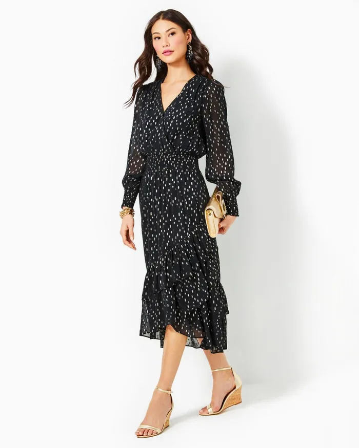 Lilly Pulitzer Cristiana Midi Dress Onyx Viscose Metallic Clip Dobby Women ALineEasy Dresses Lilly Pulitzer Cristiana Midi Dress Onyx Viscose Metallic Clip Dobby Women ALineEasy Dresses