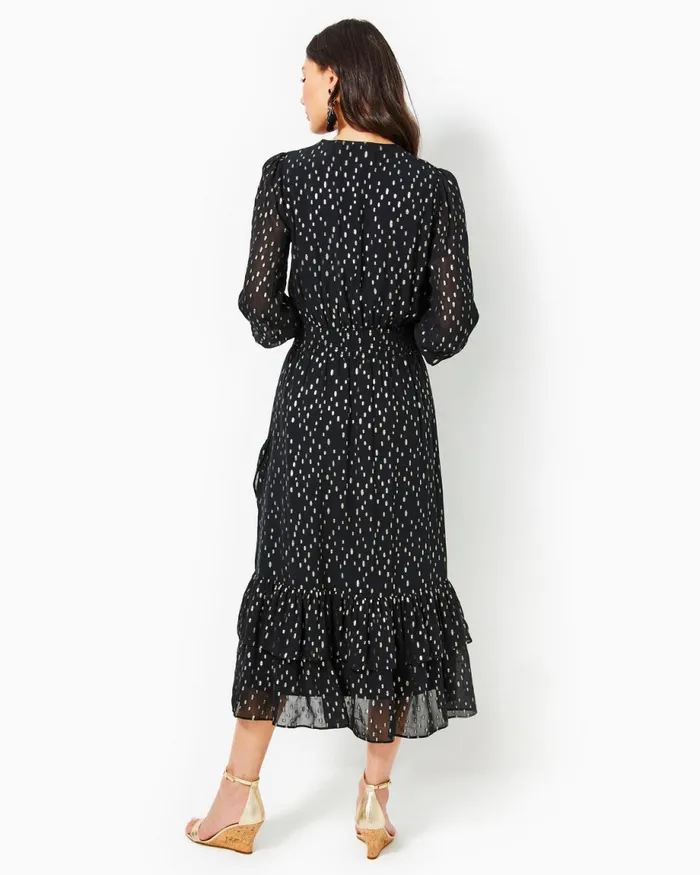 Lilly Pulitzer Cristiana Midi Dress Onyx Viscose Metallic Clip Dobby Women ALineEasy Dresses
