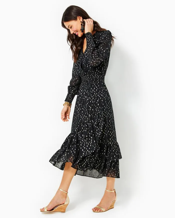 Lilly Pulitzer Cristiana Midi Dress Onyx Viscose Metallic Clip Dobby Women ALineEasy Dresses