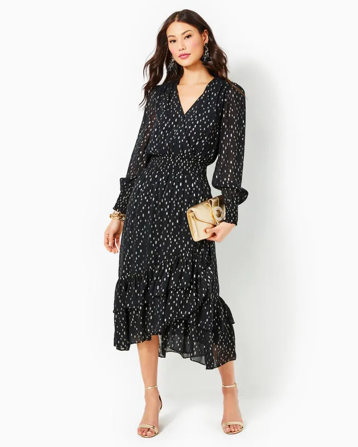 Lilly Pulitzer Cristiana Midi Dress Onyx Viscose Metallic Clip Dobby Women ALineEasy Dresses