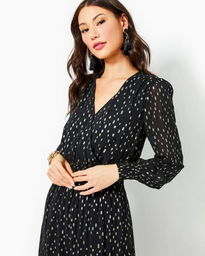 Lilly Pulitzer Cristiana Midi Dress Onyx Viscose Metallic Clip Dobby Women ALineEasy Dresses