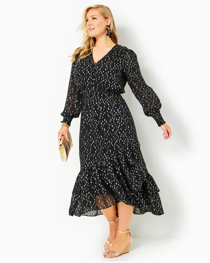 Lilly Pulitzer Cristiana Midi Dress Onyx Viscose Metallic Clip Dobby Women ALineEasy Dresses