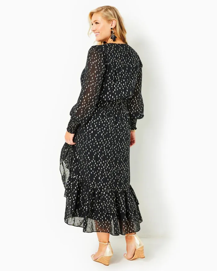 Lilly Pulitzer Cristiana Midi Dress Onyx Viscose Metallic Clip Dobby Women ALineEasy Dresses