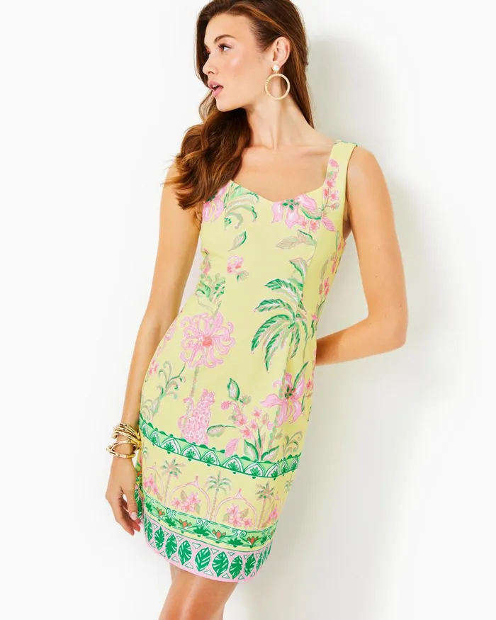 Lilly Pulitzer Del Rey Stretch Shift Dress Finch Yellow Tropical Oasis Engineered Knit Dress Women Shift Dresses