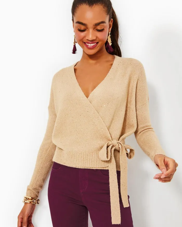 Lilly Pulitzer Dixie Wrap Sweater Heathered Sand Bar Metallic Women Tops