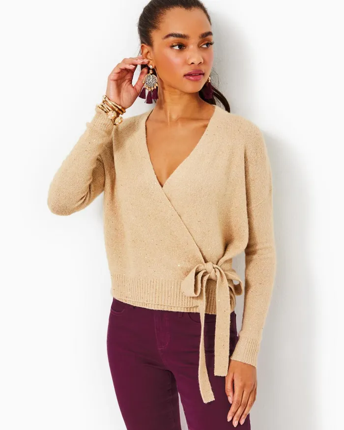 Lilly Pulitzer Dixie Wrap Sweater Heathered Sand Bar Metallic Women Tops