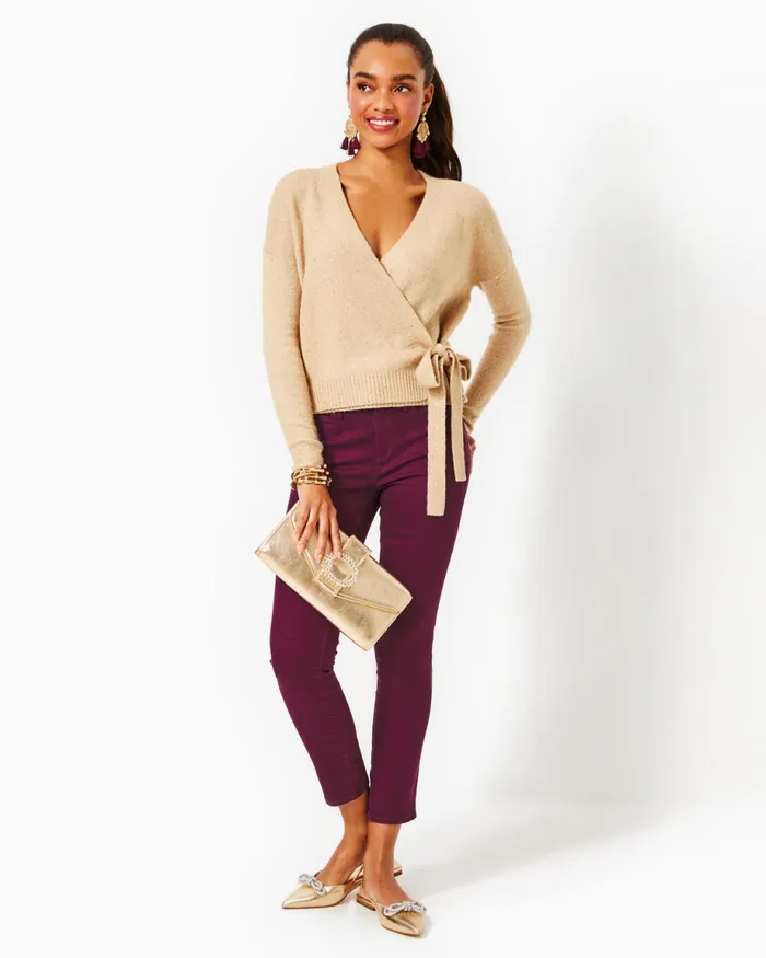 Lilly Pulitzer Dixie Wrap Sweater Heathered Sand Bar Metallic Women Tops