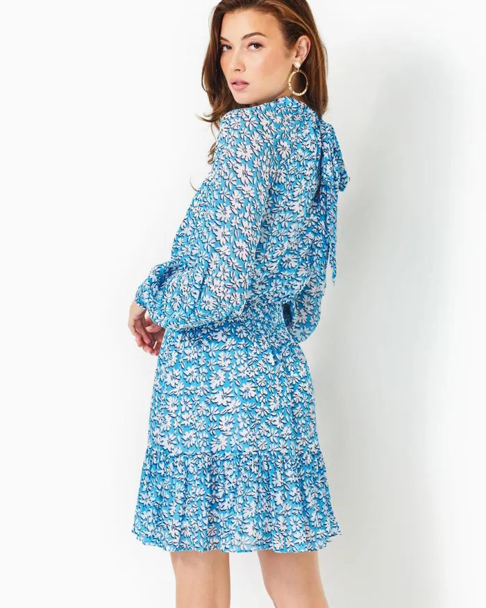 Lilly Pulitzer Ellielynn Long Sleeve Dress Lunar Blue Palm Beach Petals Women ALineEasy Dresses