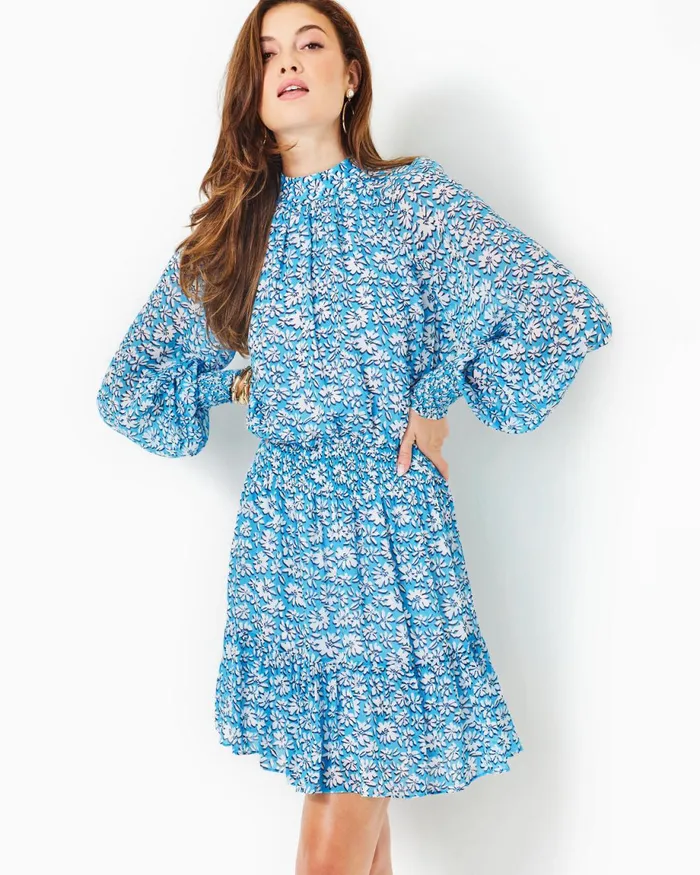 Lilly Pulitzer Ellielynn Long Sleeve Dress Lunar Blue Palm Beach Petals Women ALineEasy Dresses