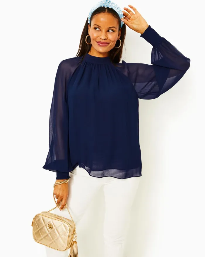 Lilly Pulitzer Ellielynn Long Sleeve Top Low Tide Navy Women Tops
