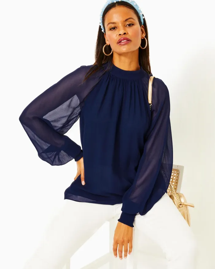 Lilly Pulitzer Ellielynn Long Sleeve Top Low Tide Navy Women Tops