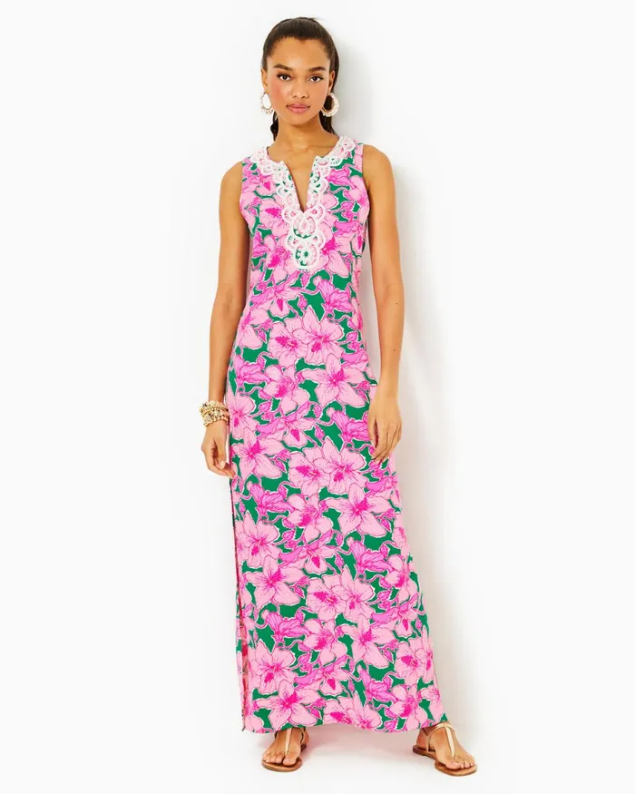 Lilly Pulitzer Elliotta Maxi Shift Dress Kelly Green Hibis Kiss Women ALineEasy Dresses