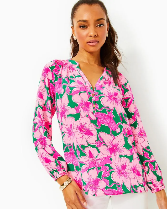 Lilly Pulitzer Elsa Silk Top Kelly Green Hibis Kiss Women Tops