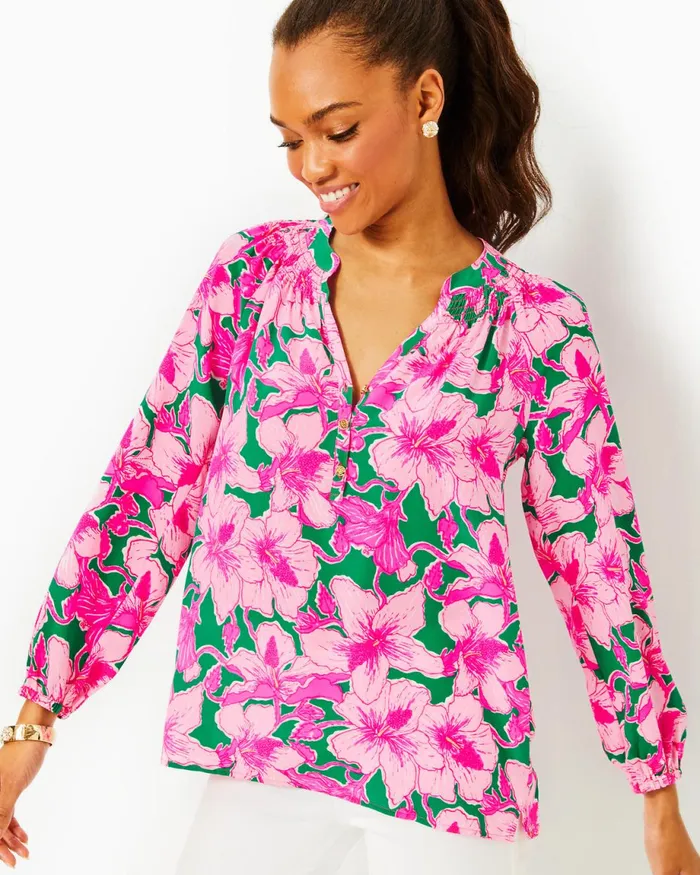 Lilly Pulitzer Elsa Silk Top Kelly Green Hibis Kiss Women Tops