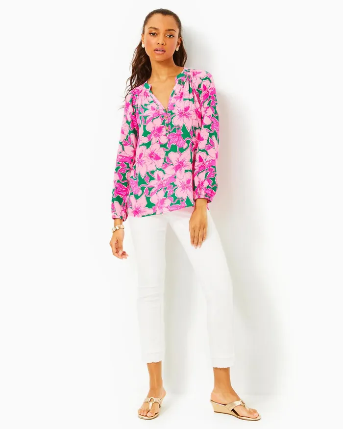 Lilly Pulitzer Elsa Silk Top Kelly Green Hibis Kiss Women Tops