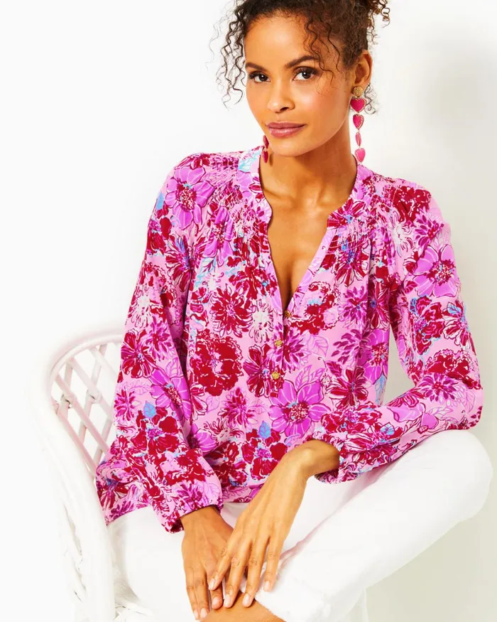Lilly Pulitzer Elsa Silk Top Lilac Thistle In The Wild Flowers Women Tops
