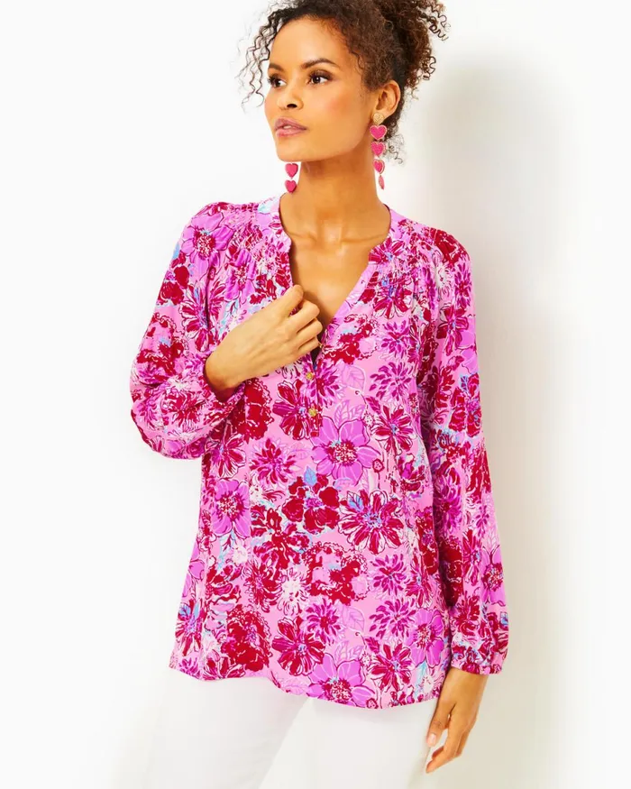 Lilly Pulitzer Elsa Silk Top Lilac Thistle In The Wild Flowers Women Tops