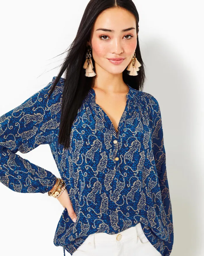 Lilly Pulitzer Elsa Silk Top Low Tide Navy Easy To Spot Women Tops