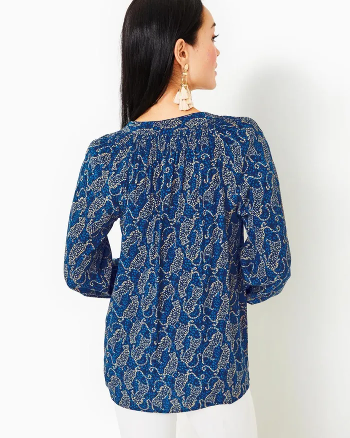 Lilly Pulitzer Elsa Silk Top Low Tide Navy Easy To Spot Women Tops