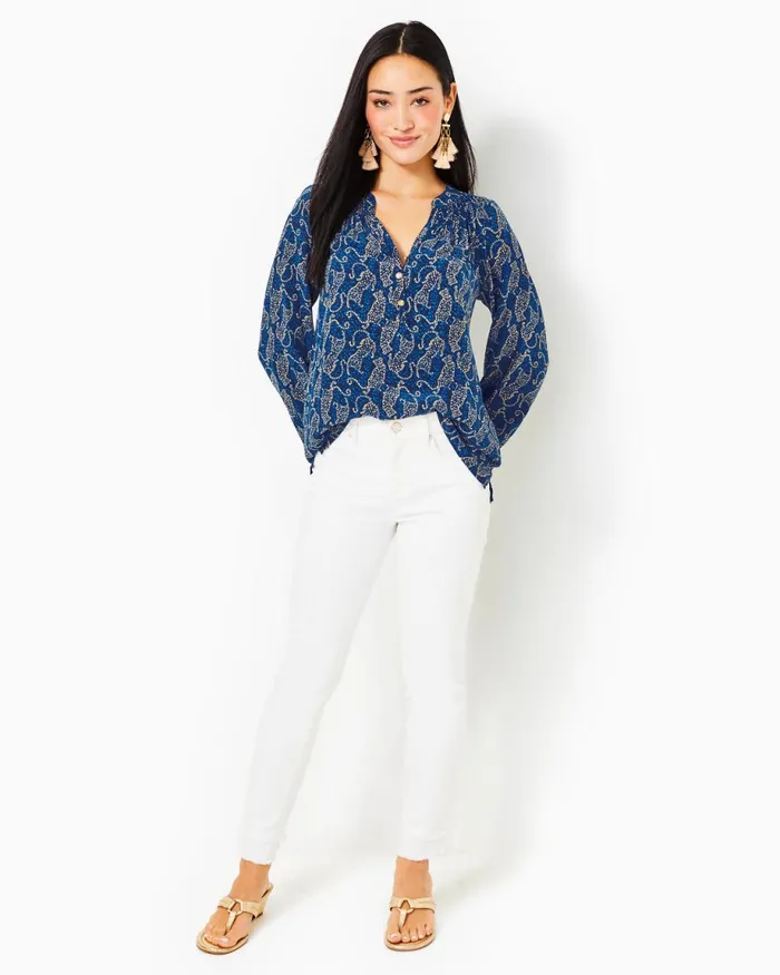 Lilly Pulitzer Elsa Silk Top Low Tide Navy Easy To Spot Women Tops