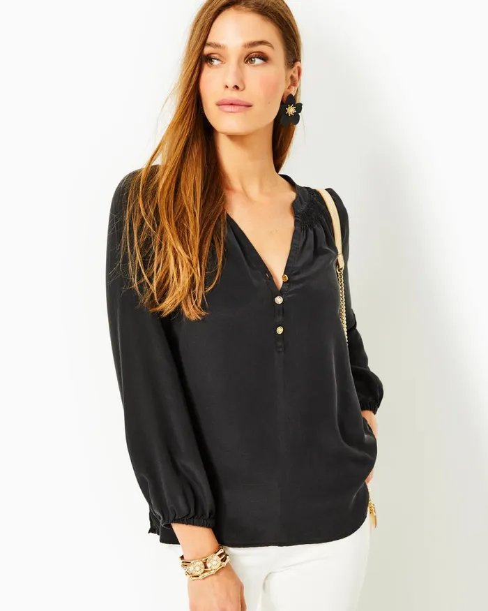 Lilly Pulitzer Elsa Silk Top Onyx Women Tops