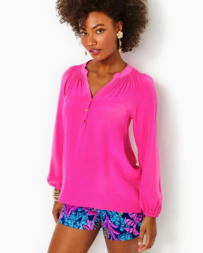 Lilly Pulitzer Elsa Silk Top Pink Palms Women Tops