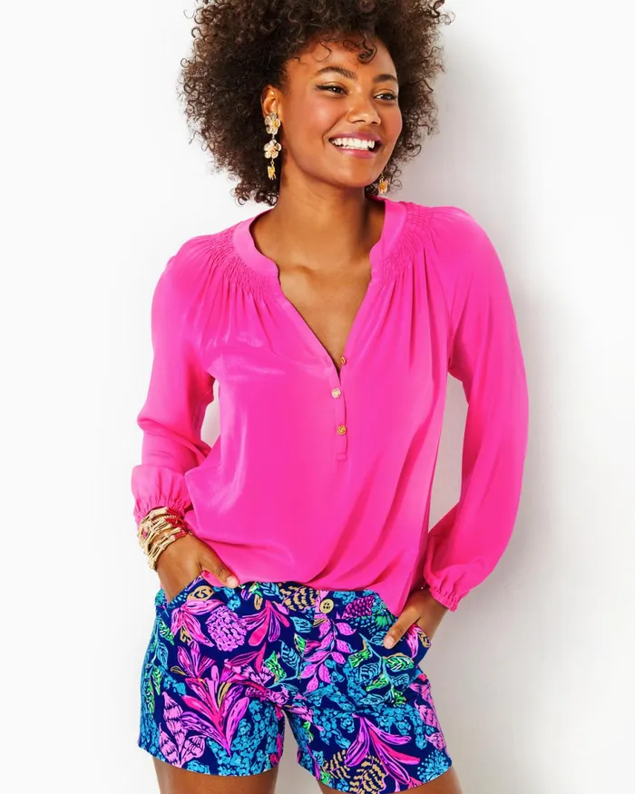 Lilly Pulitzer Elsa Silk Top Pink Palms Women Tops