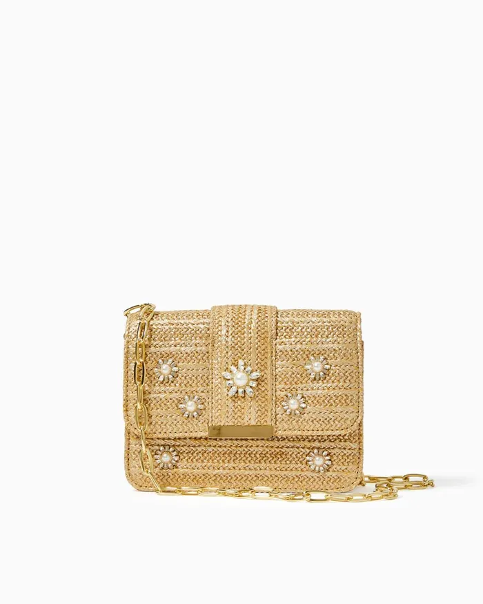 Lilly Pulitzer Emmeline Straw Crossbody Bag Gold Metallic Women Bags