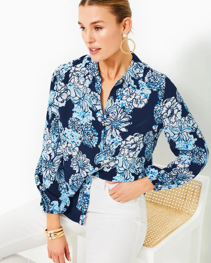Lilly Pulitzer Farren Silk Top Low Tide Navy Bouquet All Day Women Tops