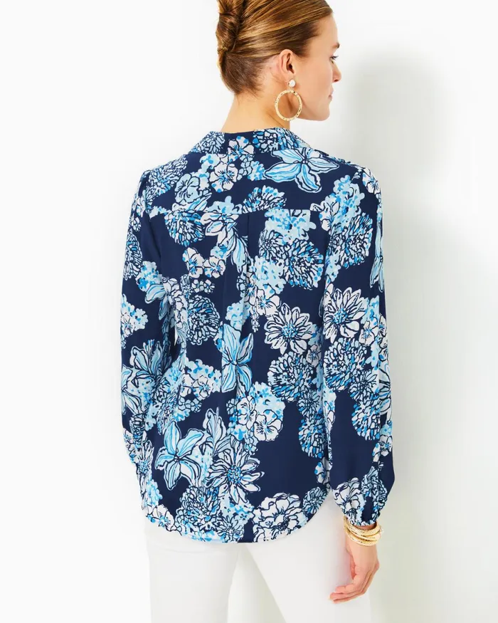 Lilly Pulitzer Farren Silk Top Low Tide Navy Bouquet All Day Women Tops