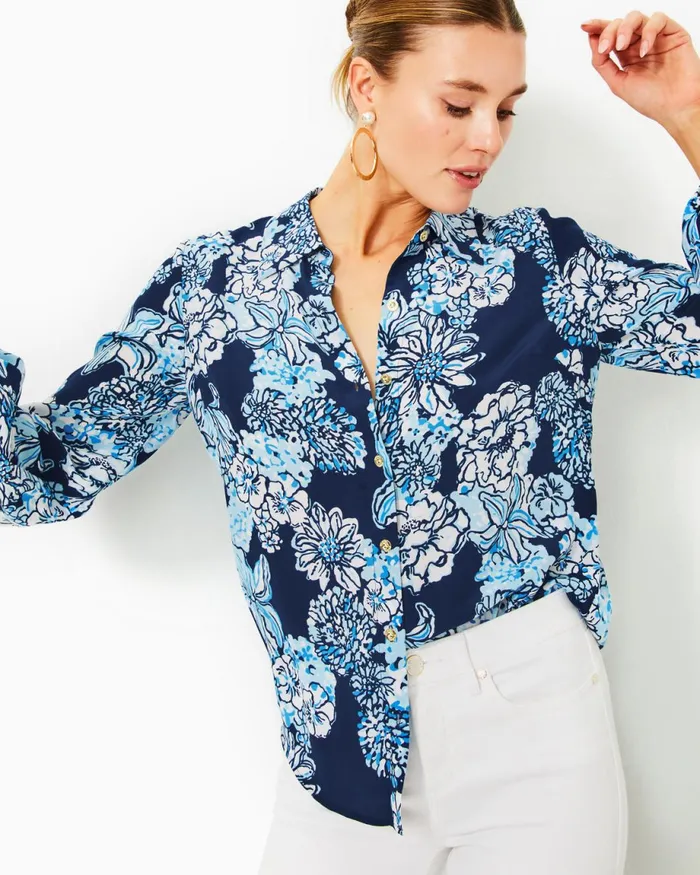Lilly Pulitzer Farren Silk Top Low Tide Navy Bouquet All Day Women Tops