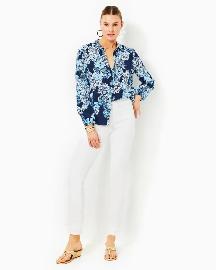Lilly Pulitzer Farren Silk Top Low Tide Navy Bouquet All Day Women Tops