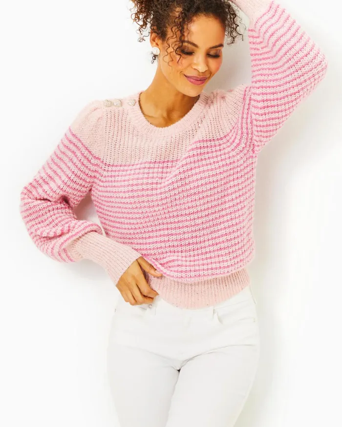 Lilly Pulitzer Finney Sweater Peony Pink Sparkle Stripe Women Tops