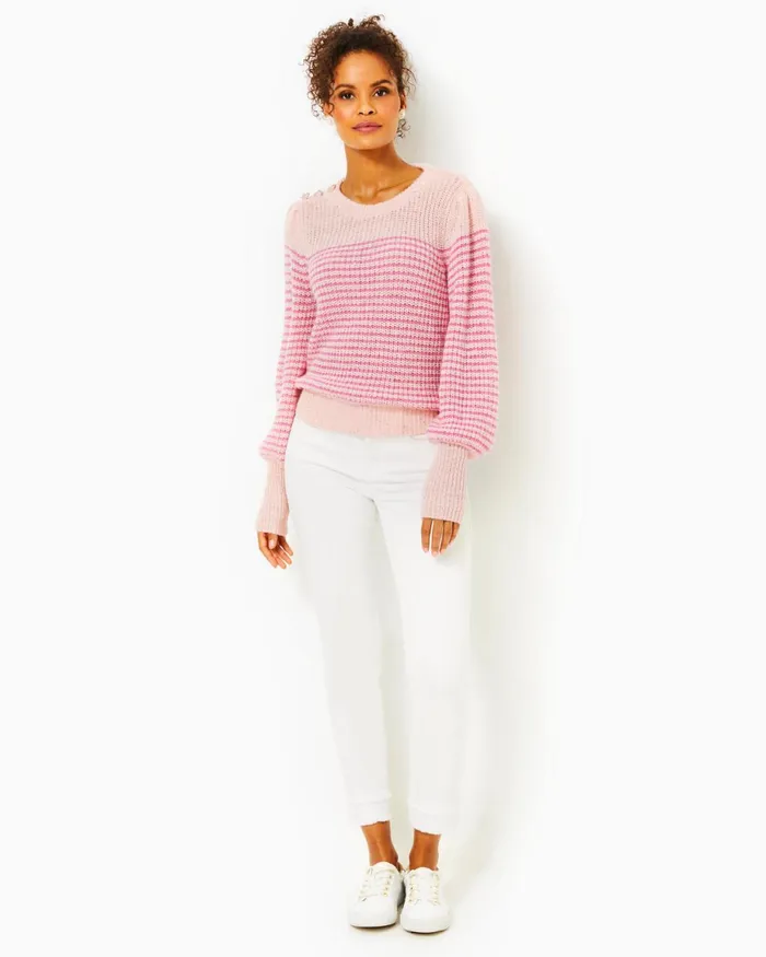 Lilly Pulitzer Finney Sweater Peony Pink Sparkle Stripe Women Tops