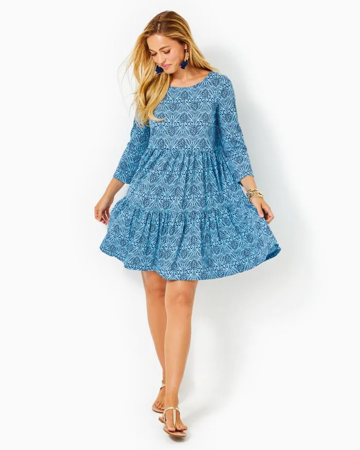 Lilly Pulitzer Geanna Cotton Swing Dress Bon Bon Blue Go Your Own Wave Women Swing Dresses