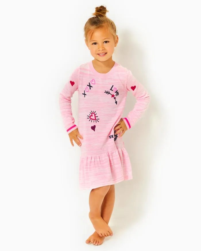 Lilly Pulitzer Girls Hani Cotton Sweater Dress Heathered Peony Pink Valentine Embroidery Childrens Girl Dresses and Rompers Lilly Pulitzer Girls Hani Cotton Sweater Dress Heathered Peony Pink Valentine Embroidery Childrens Girl Dresses and Rompers