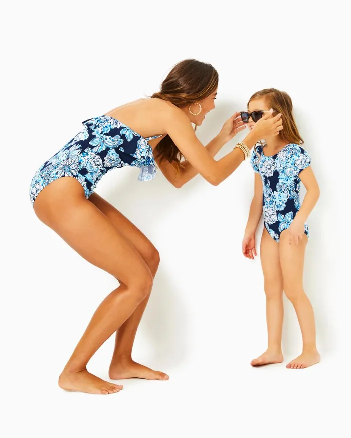 Lilly Pulitzer Girls Waterfall OnePiece Swimsuit Low Tide Navy Bouquet All Day Swim Girl Swim