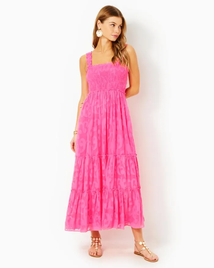 Lilly Pulitzer Hadly Smocked Maxi Dress Roxie Pink Poly Crepe Swirl Clip Women Fit and Flare Dresses Lilly Pulitzer Hadly Smocked Maxi Dress Roxie Pink Poly Crepe Swirl Clip Women Fit and Flare Dresses