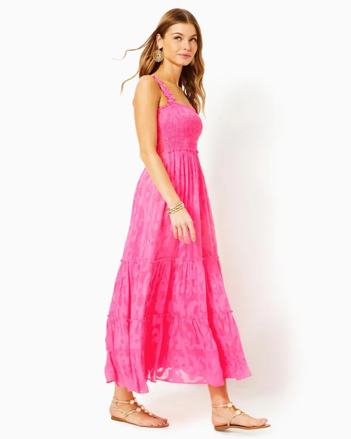Lilly Pulitzer Hadly Smocked Maxi Dress Roxie Pink Poly Crepe Swirl Clip Women Fit and Flare Dresses