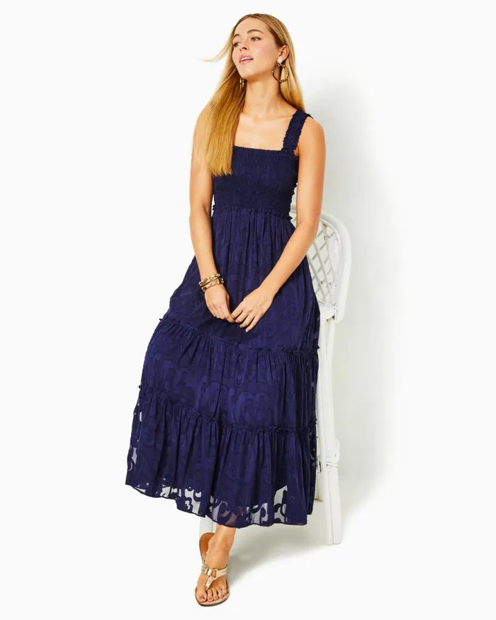 Lilly Pulitzer Hadly Smocked Maxi Dress True Navy Poly Crepe Swirl Clip Women Fit and Flare Dresses Lilly Pulitzer Hadly Smocked Maxi Dress True Navy Poly Crepe Swirl Clip Women Fit and Flare Dresses