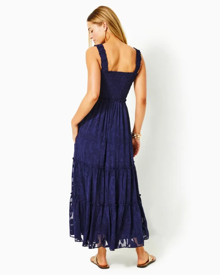 Lilly Pulitzer Hadly Smocked Maxi Dress True Navy Poly Crepe Swirl Clip Women Fit and Flare Dresses