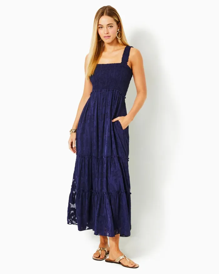 Lilly Pulitzer Hadly Smocked Maxi Dress True Navy Poly Crepe Swirl Clip Women Fit and Flare Dresses